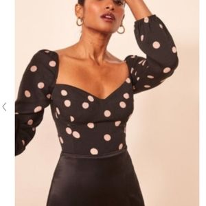 Reformation Polka Dot Smocked Longsleeve Top